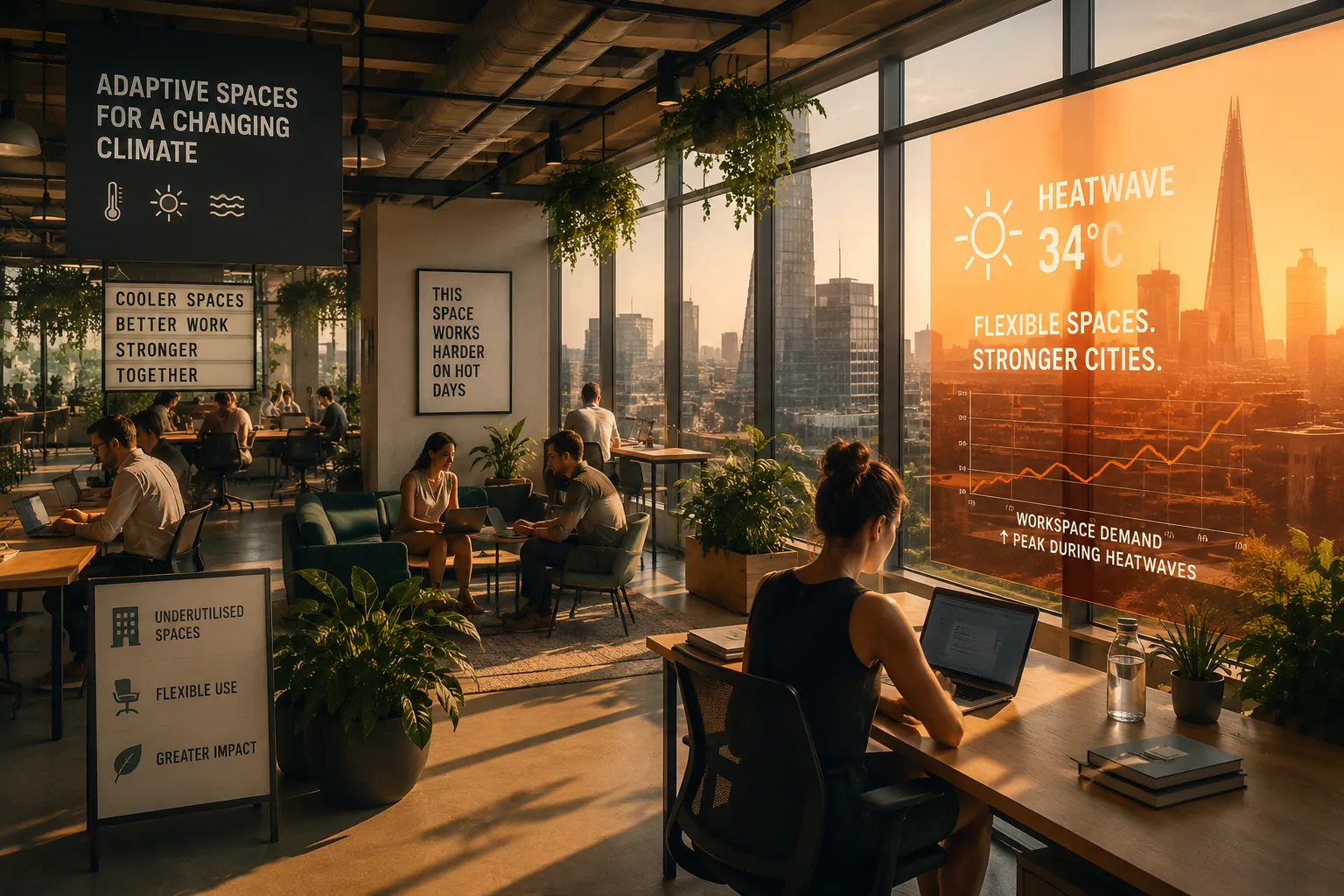 A modern, well-lit coworking space with people working productively, suggesting a comfortable and effective work environment.