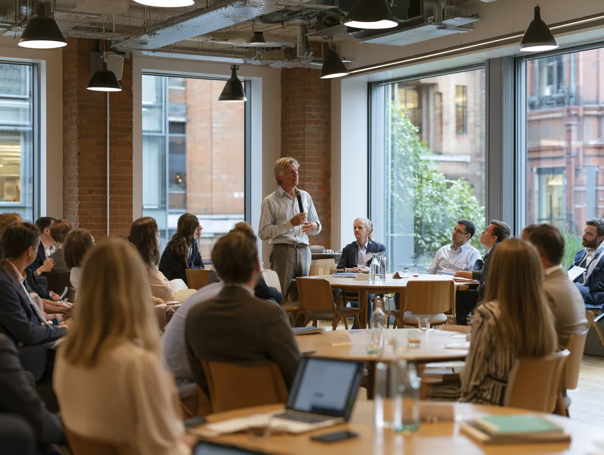 A vibrant summer corporate event taking place in a modern, well-equipped venue, highlighting successful team building and collaboration.