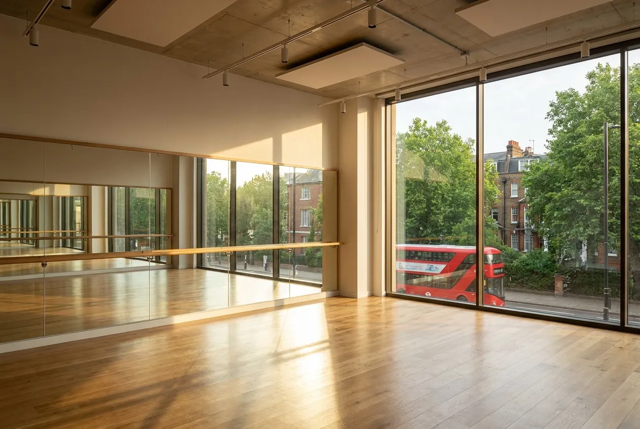 A vibrant dance studio filled with natural light, showcasing the potential for creative use during school holidays.
