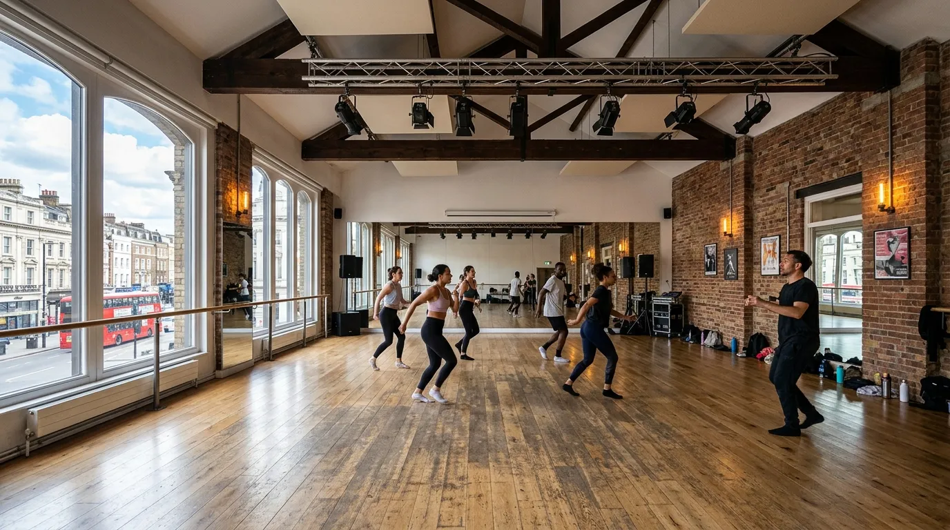 Dancers rehearsing energetically in a bright, modern studio space in London's West End.