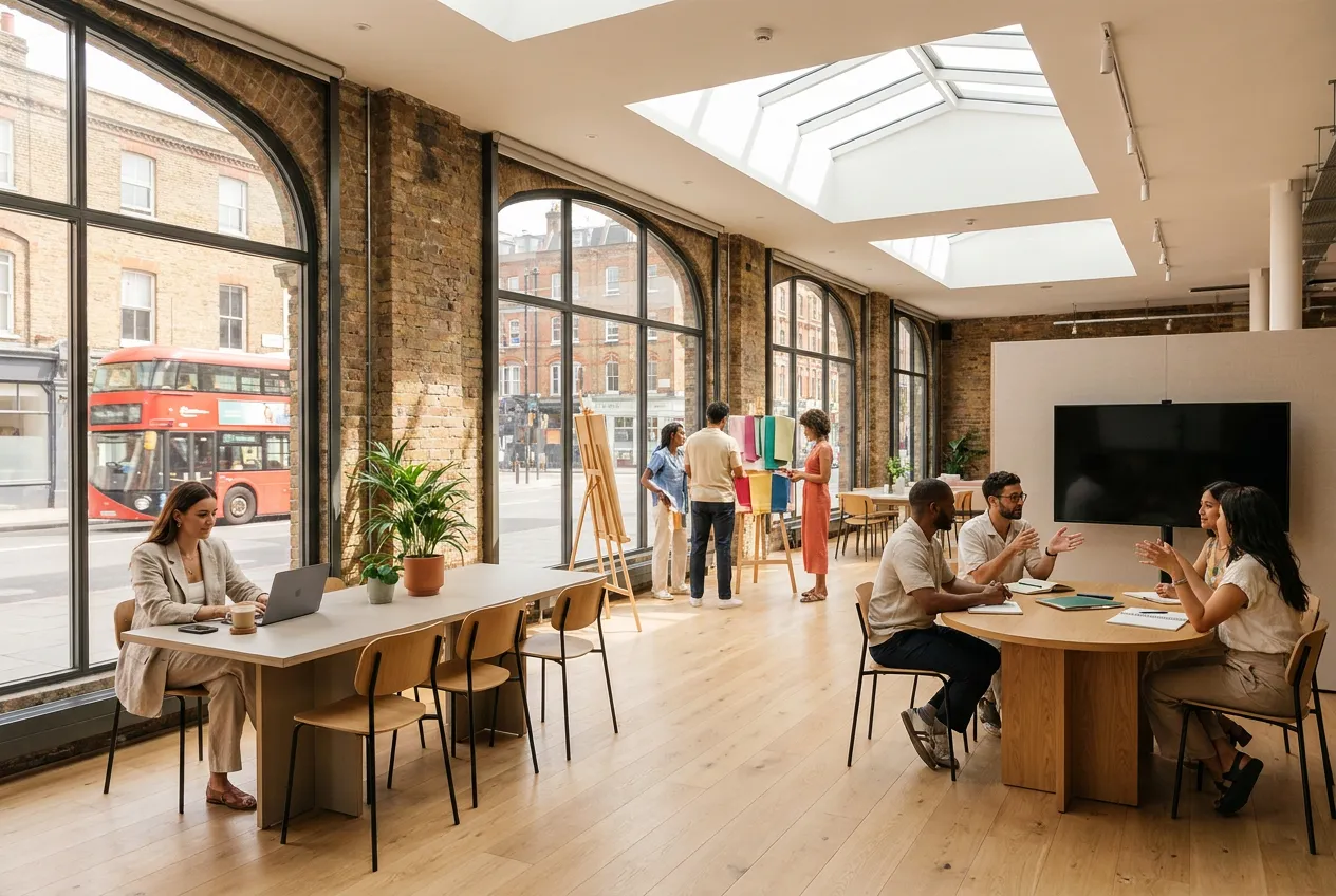 People collaborating in a bright, modern flexible workspace during the summer months, reflecting seasonal shifts in space utilisation.