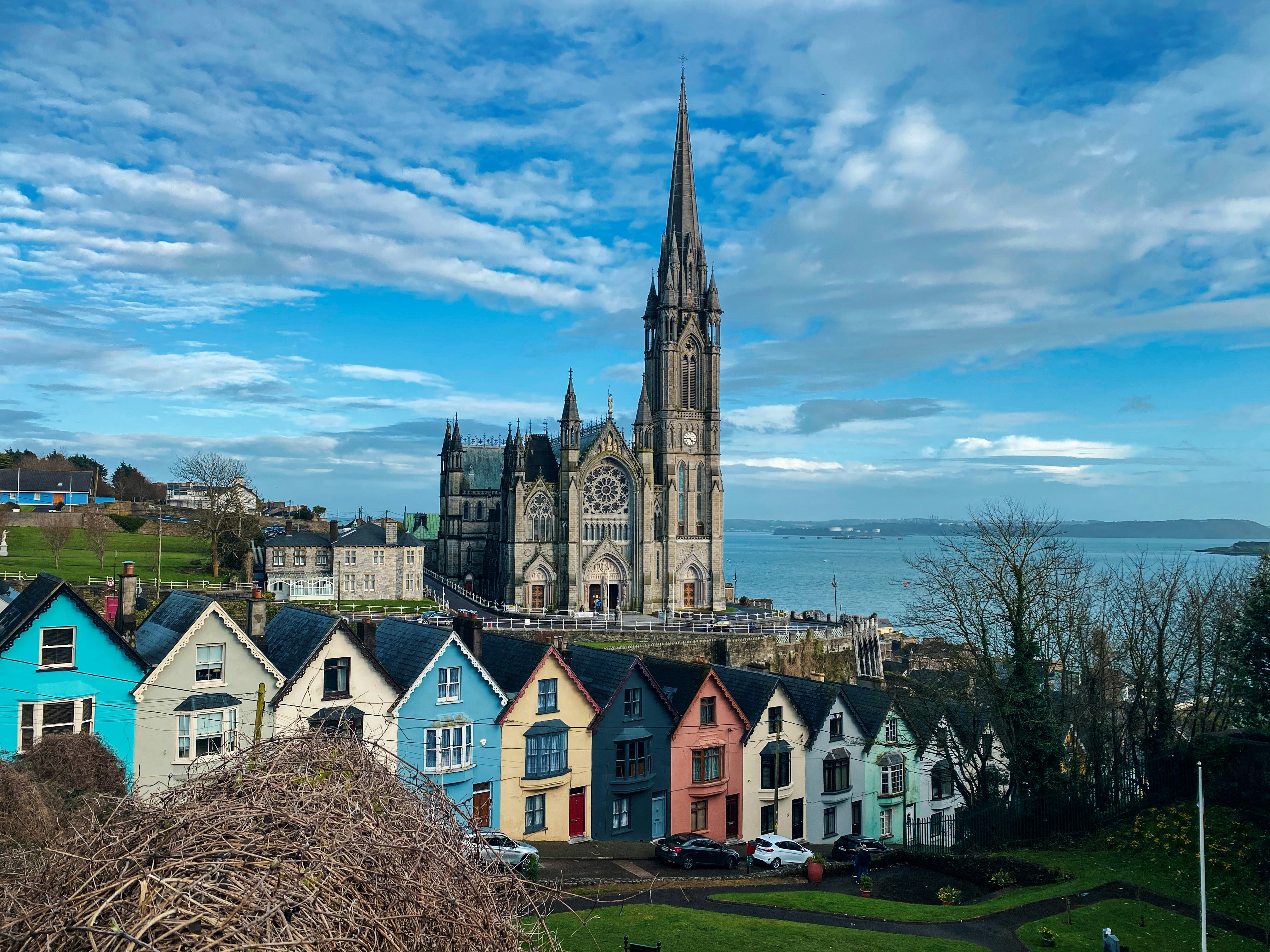 A scenic view of Cork city with its river and architecture.